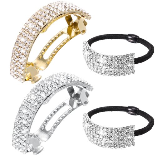 4 Pieces Rhinestone Barrette Glitter Hair Tie Metal Spring Hair Clip Crystal Ponytail Holder Headband Women Wedding Hair Accessories Birthday Mother's Day Gift for Women