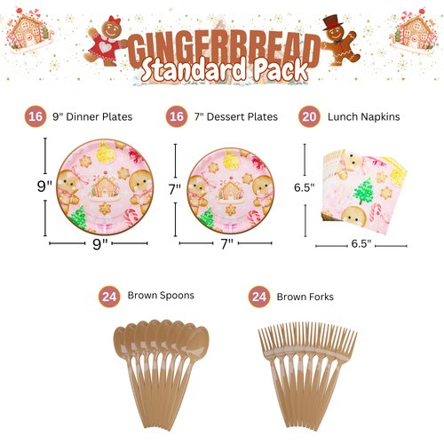 Gingerbread Party Standard Pack (100 Pieces for16 Guests) - Gingerbread Party Supplies, Christmas Party Supplies, Holiday Paper Plates,Gingerbread Gender Reveal, Christmas Plates and Napkins