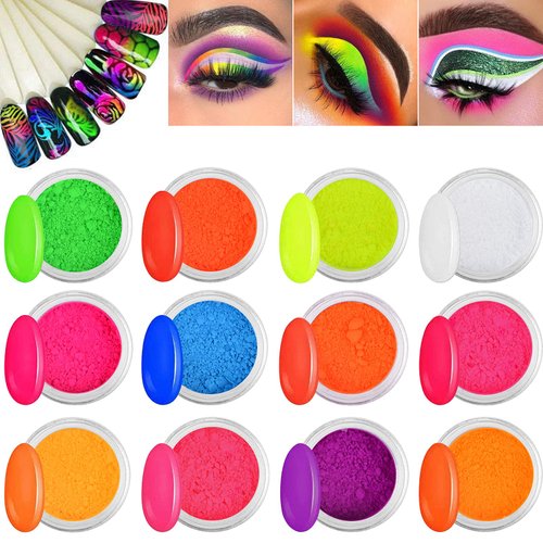 Kalolary 12 Colors Pigment Nail Powder Fluorescent Powder, Color Nail Pigments Dust Nail Glitter, Neon Pigment Eyeshadow Powder for Face Body Makeup Nail Art Decoration