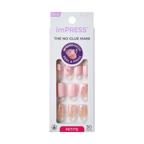 KISS imPRESS No Glue Mani Press-On Nails, Design, This Feeling', Light Pink, Petite Size, Squoval Shape, Includes 30 Nails, Prep Pad, Instructions Sheet, 1 Manicure Stick, 1 Mini File