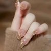 Hkanlre Press on Nails Rhinestones Coffin Medium Fake Nails Tips Full Cover Gold False Nails for Women and Girls 24PCS