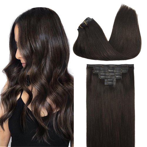 GOO GOO Clip in Hair Extensions Real Human Hair, Remy Human Hair Extensions Clip ins for Women, Natural Human Hair, 18inch 130g 7Pcs, 2 Dark Brown