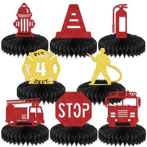 KEWUFD 8PCS Firetruck Honeycomb Centerpiece Birthday Table Decorations Funny Firetruck Birthday Party Decorations Baby Shower Birthday Party Table Decor For Kids Supplies