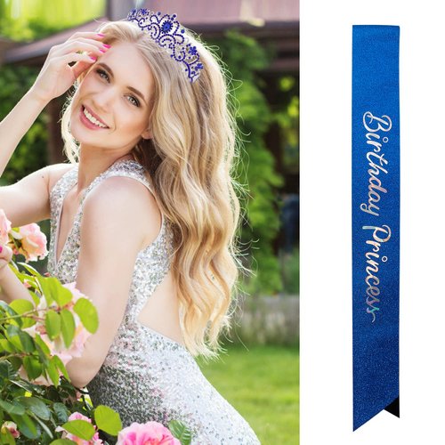 Velscrun Princess Crown, Tiaras for Girls, Blue Birthday Princess Sash for Girls, Birthday Girl Crown, Birthday Accessories for Girls, Princess Birthday Decorations, Princess Birthday Party Supplies