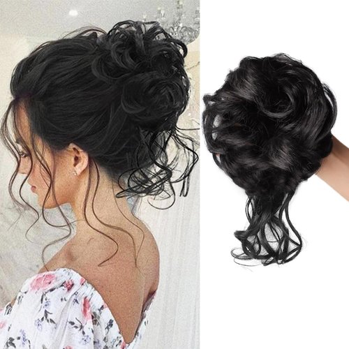 WZNBBOY Messy Bun Hair Piece Hair Bun Scrunchies Curly Wavy Synthetic Chignon Ponytail Hair Extensions Elastic Hair Band Hair Pieces Thick Updo Hairpieces for Women（Natural Black）