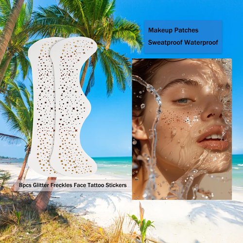 8pcs Glitter Freckles Face Tattoo Stickers, Makeup Patches Sweatproof Waterproof Fake Freckles Glitter Stars Butterfly Stage Performance Freckle Stickers Face Glitter Speckles Accessories for Party