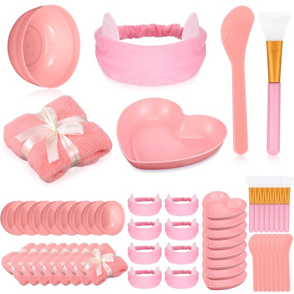 HunnmingRe 8 Set Spa Party Supplies Spa Night Essentials with 8 Silicone Face Mask Brushes 8 Face Mask Mixing Bowls 8 Headband 8 Spa Facial Towel 8 Heart Dish Bowl for Sleepover Slumber Party (Pink)