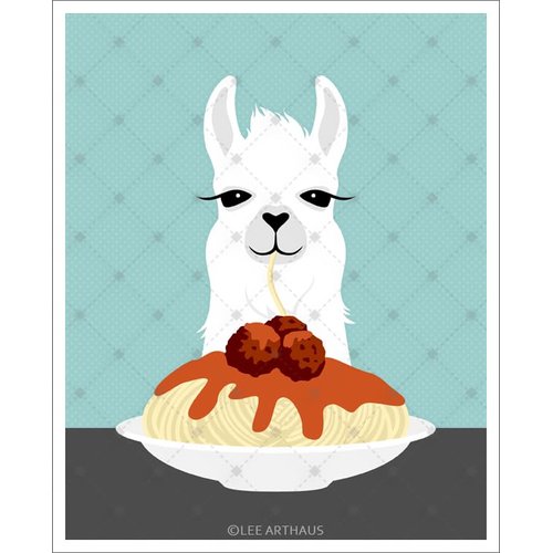 A 5J - White Llama Eating Spaghetti UNFRAMED Wall Art Print by Lee ArtHaus