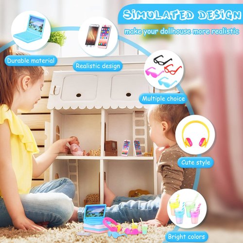 20 Pieces Dollhouse Accessories Doll Travel Accessories Mini Laptop Computer Phone Toy Miniature Glasses Headset Drink Toys Plastic Doll Accessories for Dolls (Cute Style)