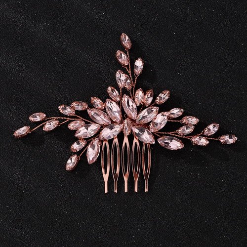Teyglen Women Dainty Simple Full Rhinestones Red Blue Black Bride Wedding Hair Comb Luxurious Hair Accessories Shiny Rhinestones Bridal Side Hair Combs for Women Bride Girls (Rose gold-pink)