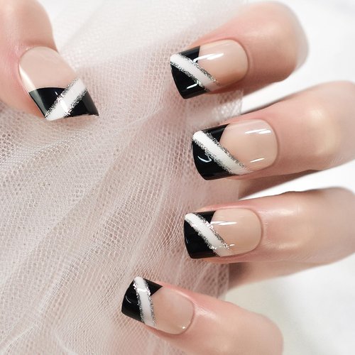 ELEVENAIL Classic Short Squoval French False Nails Natural Nude Black Press on Nails with Silver Line Glitter Fake Fingernails Salon DIY Reusable Acrylic Nail Art Tips Manicure Gifts