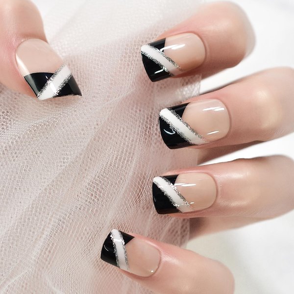 ELEVENAIL Classic Short Squoval French False Nails Natural Nude Black Press on Nails with Silver Line Glitter Fake Fingernails Salon DIY Reusable Acrylic Nail Art Tips Manicure Gifts
