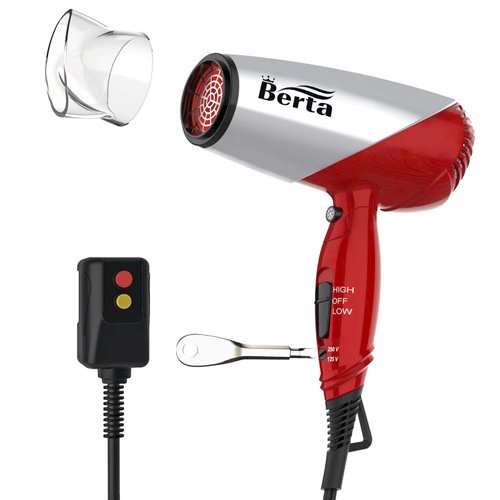 BERTA Hair Dryer, BT031, Ionic, Foldable, Dual Voltage Travel Hair Dryer, Silver, 110 to 250 Volts, 2 Speeds and Settings, Includes Diffuser, for Dry Hair, Corded Electric