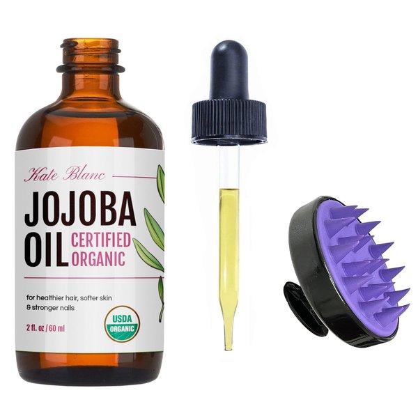 Kate Blanc Cosmetics Jojoba Oil for Hair, Face & Skin with Scalp Massager (2oz, Organic, 100% Pure, Natural) Stocking Stuffers Christmas Gifts for Women, Men, Mom, Dad, Teen