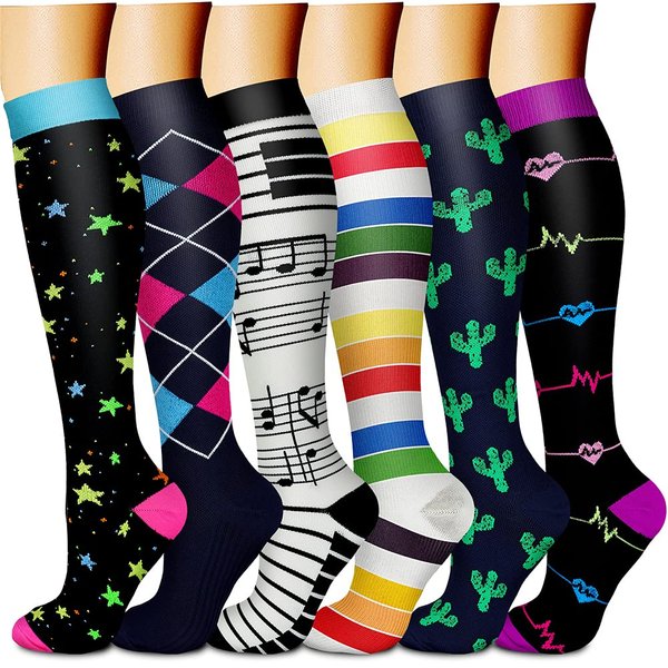 CHARMKING 6 Pairs-Compression Socks for Women & Men Circulation Best Support for Nurses, Running, Athletic,Flight Travel (Multi 08,L/XL)