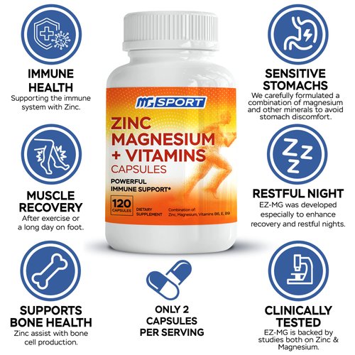 Magnesium Zinc Supplement with Vitamins B6, B9, MGSPORT High Absorption Zinc Magnesium Combination for Immune Support, Muscle Recovery, EZ-MG Easy on Stomach, 120 Capsules