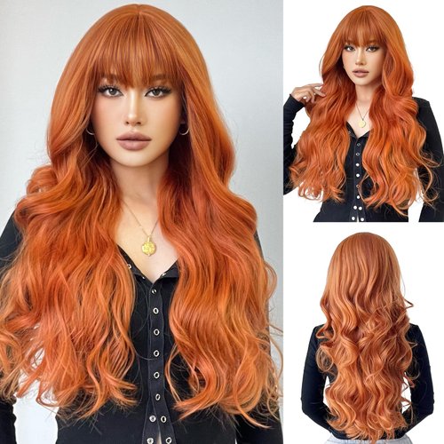 OUFEI Long Wavy Orange Wigs With Bangs for Women Natural Synthetic Hair Heat Resistant Wigs for Daily Party Cosplay Wear-28 Inches