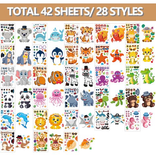 42 Sheets Make Your Own Ocean&Safari Animals Stickers Make A Face Stickers for Kids Toddlers with 14 Designs DIY Craft Stickers Kids Party Favor Supplies Crafts