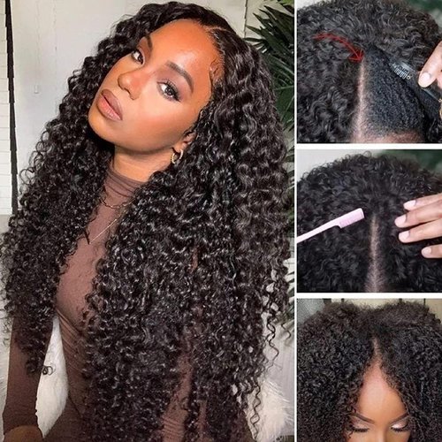 Amznlady Curly V Part Wig Human Hair Brazilian Virgin Human Hair Wigs for Black Women Upgrade U Part Wig Glueless Full Head Clip In Half Wig V Shape Wig No Leave Out 180% Density Natural Color 20 Inch