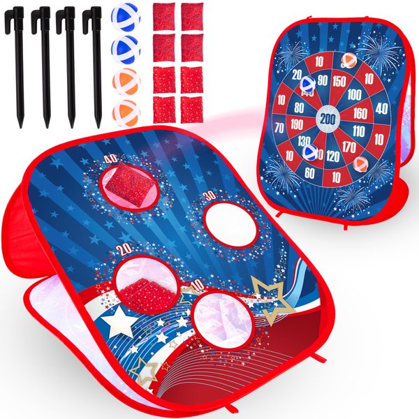 ArtCreativity 2 in 1 Bean Bag Toss Game and Sticky Ball Darts Game - Outdoor Games for Kids - Pop-Up Design for Quick Setup - Toddler Throwing Game with American Patriotic Theme