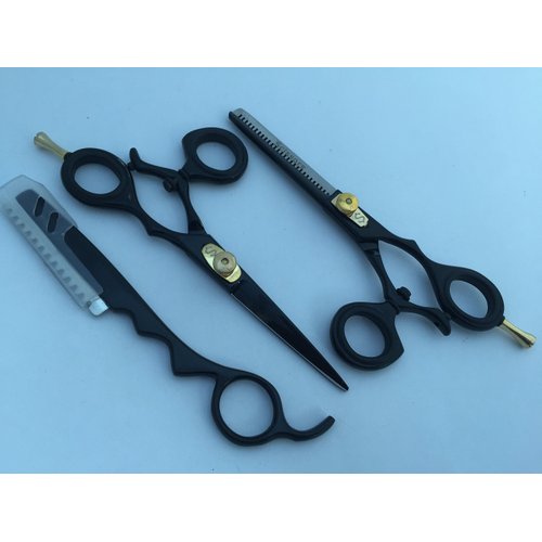 5.5" Professional Barber Razor Edge Powder Coated Hair Cutting and Texturizing Shears Scissors Black Straight Razor Student Teacher Kit Set+case Black