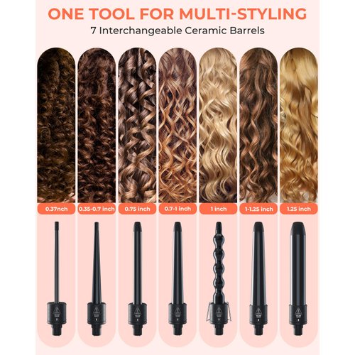 7 in 1 Curling Wand Set: Ohuhu Curling Iron Wand 7Pcs 0.35 to 1.25 Inch Interchangeable Ceramic Barrel Heat Protective Glove 2 Clips Dual Voltage Hair Curler for Girls Women Mother Gift Black