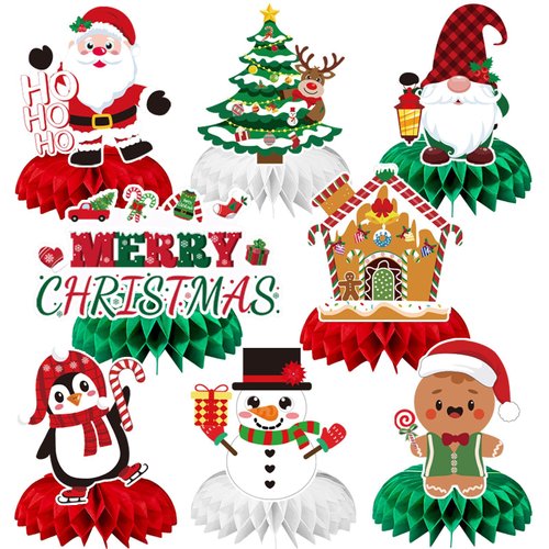 JULMELON Christmas Table Decorations Honeycomb Centerpieces,8 PCS 3D Double Side Xmas Holidays Table Centerpieces Cute Santa Snowman Table Toppers Decor for Christmas Party Supplies