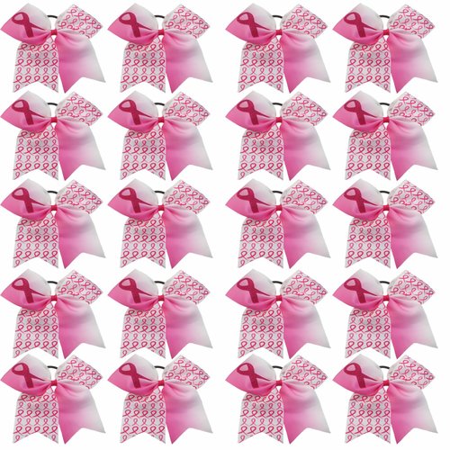 7 Inch Breast Cancer Awareness Cheerleader Bow Pink Ribbon Hair Bow Ponytail Holder Elastic Cheerleader Hair Band Hair Accessories for for Teens Women Set of 20