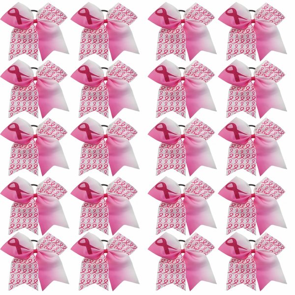 7 Inch Breast Cancer Awareness Cheerleader Bow Pink Ribbon Hair Bow Ponytail Holder Elastic Cheerleader Hair Band Hair Accessories for for Teens Women Set of 20
