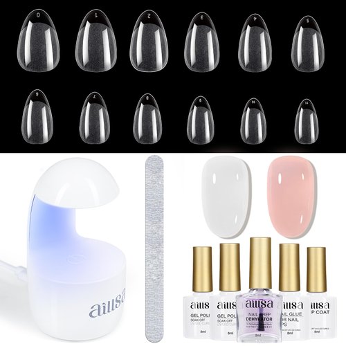 AILLSA Gel Nail Kit Short Almond Nail Tips 240pcs with 2 In 1 Nail Glue Base Coat and Nail Dehydrator, Soft Gel Full Nail Kit with Nail Lamp Top Coat for Starters Home Salon
