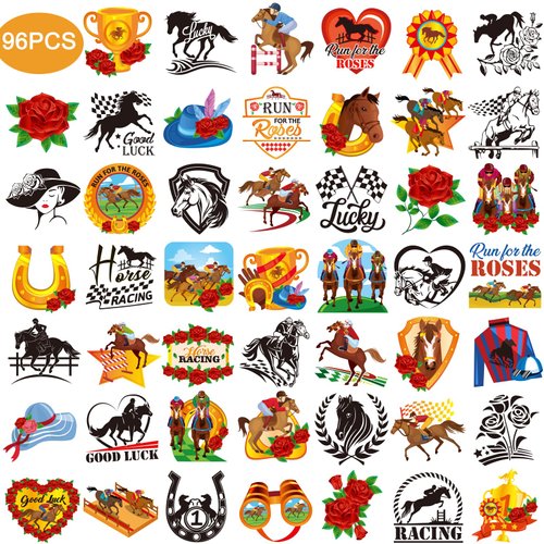Qpout 96Pcs Horse Racing Temporary Tattoo Stickers,Funny Horse Tattoos Party Favors for Kids Adults Horse Themed Derby Day Birthday Supplies Decorations