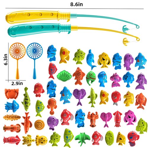 TEMI Fishing Toy Game for Kids 3 4 5 6 7 8 Years Old, Bath Toy for Toddlers, Toy Magnetic Fishing Rod and Fishing Net, Outdoor Water Toys for Kids Age 3-5, Party Toy for Boy and Girl