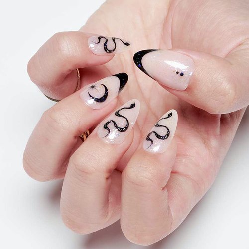 GLAMERMAID Nude White Press on Nails Medium Black French Tip, Gothic Short Fake Nails Almond, Acrylic False Nail Kits with Glitter Snake Design, Stick Glue on Nails Sets, Round Oval Nails for Women