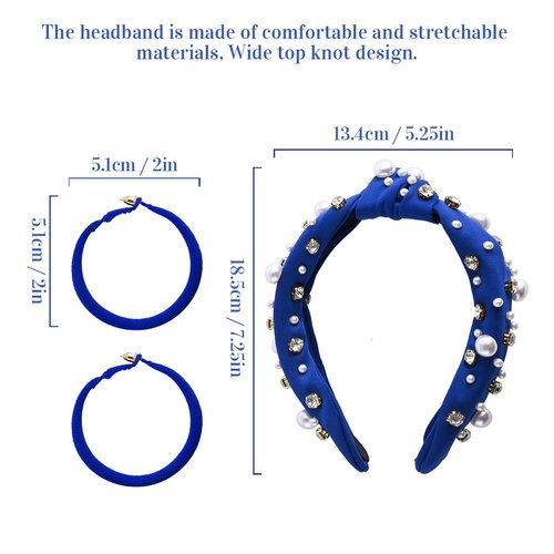 Knotted Jeweled Headband with Big Hoop Earrings, Pearl Rhinestone Jeweled Knotted Headband, Football Headband Fashion Elegant Ladies Wide Top Knot Bride Headband Bachelorette Party Hair Accessories