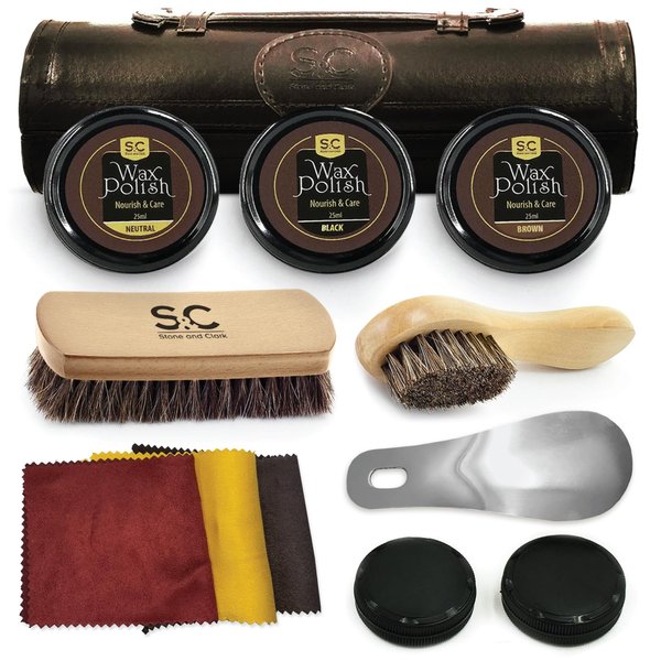 Stone & Clark 12PC Shoe Polish & Care Kit, Leather Shoe Shine Kit with Brown Wax, Shoe Brushes for Polishing, Compact Shoe Cleaning Kit with Horse Hair Brushes & PU