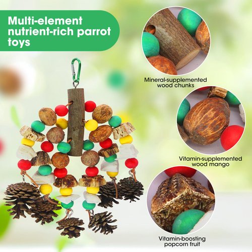 MQUPIN Parrot Toys,Nuts Nutrient-Rich Bird Toys,Natural Wooden Parrot Cage Bite Toy,Cockatoo Toys Containing Cuttlefish Bones,Pine Cones,Wooden Mangoes and Carambola for African Greys,Cockatoo,Budgie