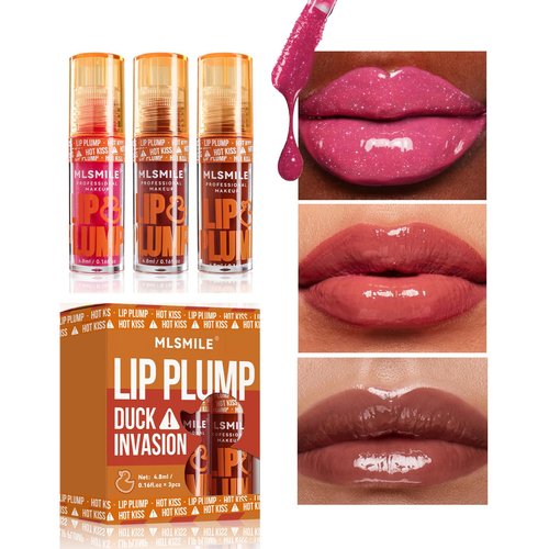 GHFCZOO 3 Colors Duck Lip Plumper Gloss, High Pigment Glitter Shine Primer Lip Tint, Non-Sticky Korean Clear Plumping Gloss for Fuller, Sexy Lips (Set B, 3pcs/set)