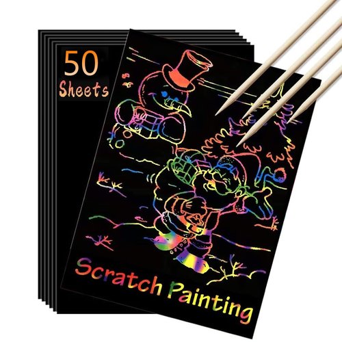 10x7inch Black Scratch Off Paper Set,50Pcs Magic Art Craft Supplies Kits for Kids Girls Boys Scratch Notes Sheet Doodle Pad for Fun DIY Gift