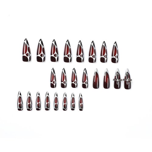 BABALAL Stiletto Press on Nails Long Fake Nails Black Red Glue on Nails Almond Acrylic Nails with Goth Design Stick on Nails for Women and Girls 24Pcs