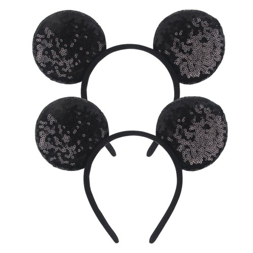 2Pack Black Ears Headband Mouse Ears Headband for Women Velvet Hair Bow Headwear for Girls&Boys - Sparkle Sequins Hair Bands with Big Mouse Ears Essencial Accessories for Trip(Shinyblackears)