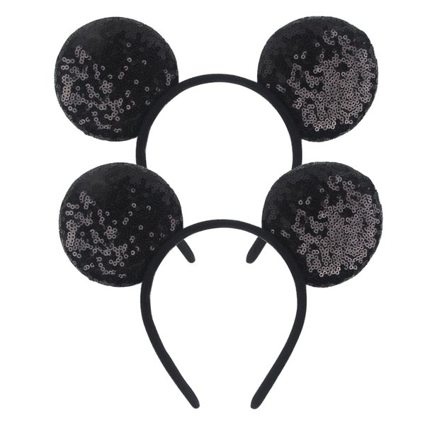2Pack Black Ears Headband Mouse Ears Headband for Women Velvet Hair Bow Headwear for Girls&Boys - Sparkle Sequins Hair Bands with Big Mouse Ears Essencial Accessories for Trip(Shinyblackears)