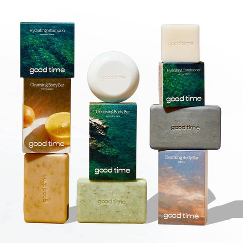 Good Time Hair + Body Bundle - Hydrating Shampoo & Conditioner Bars with Bergamot, Sandalwood, Thyme & Lemon Scented Body Bars - Sustainably Crafted, Plastic Free - Sulfate, Silicone - Made in USA
