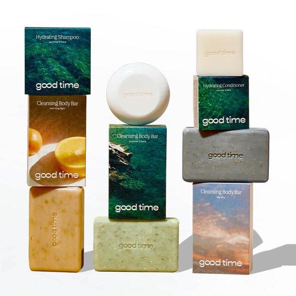 Good Time Hair + Body Bundle - Hydrating Shampoo & Conditioner Bars with Bergamot, Sandalwood, Thyme & Lemon Scented Body Bars - Sustainably Crafted, Plastic Free - Sulfate, Silicone - Made in USA