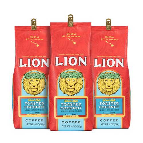 Lion Coffee 3-Pack Toasted Coconut Flavored Light Roast Ground Coffee, A Taste of Aloha - 10 Ounce Bags (Pack of Three)