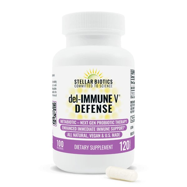 Del-Immune V® Defense by Stellar Biotics, All-Natural Immune Support & Gut Health (+) Immediate Care, Metabiotic: NextGen Probiotic Therapy (120 Caps)