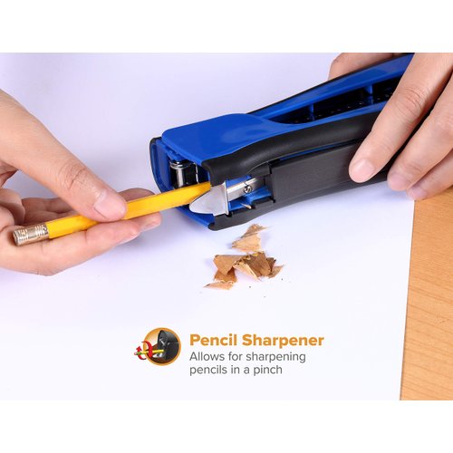 Bostitch Office Dynamo 4 in 1 Standup Stapler, Includes 420 Staples, 20 Sheet Capacity, Integrated Pencil Sharpener, Staple Remover & Staple Storage, Blue