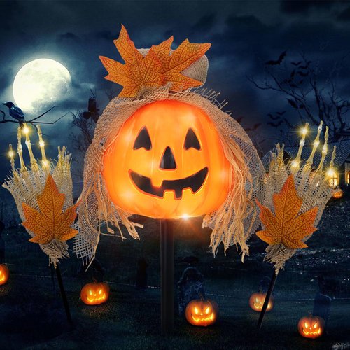 SUNNYPARK 3 Pcs Halloween Pathway Lights Outdoor, 30 LEDs Halloween Pumpkin and Arms Stake Lights for Halloween Outdoor, Yard, Lawn, Garden, Patio Decorations