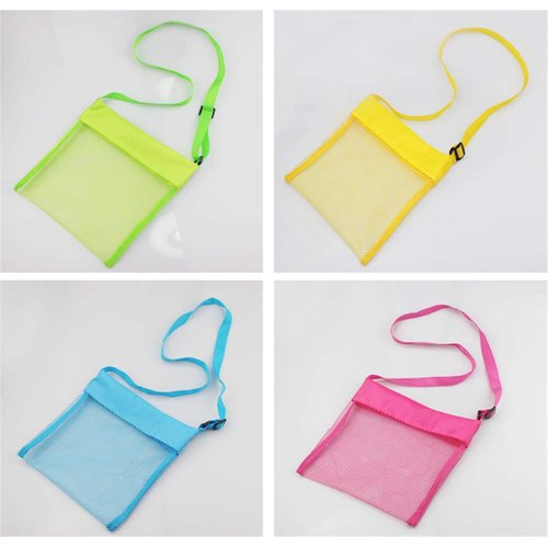 COTDINFORCA 5-PCS Colorful Mesh Beach Bags Sand Away Portable Foldable Sea Shell Bag with Adjustable Carrying Straps/Toy Storage Bag [Yellow, Rose, Purple, Green, Blue] Set of 5 Beach Bags
