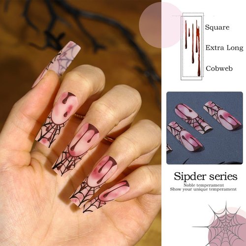 Florry Halloween Nails Red Blood Extra Long Press on Nails Square French Acrylic Nails with Spider Web Matte Reusable Fake Nails for Women and Girls 24Pcs (F)