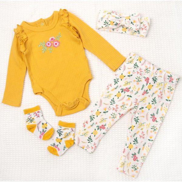 Reborn Baby Dolls Clothes Outfit Accessories Yellow Flower 4pcs Set for 17-22 Inch Reborn Doll Newborn Girl